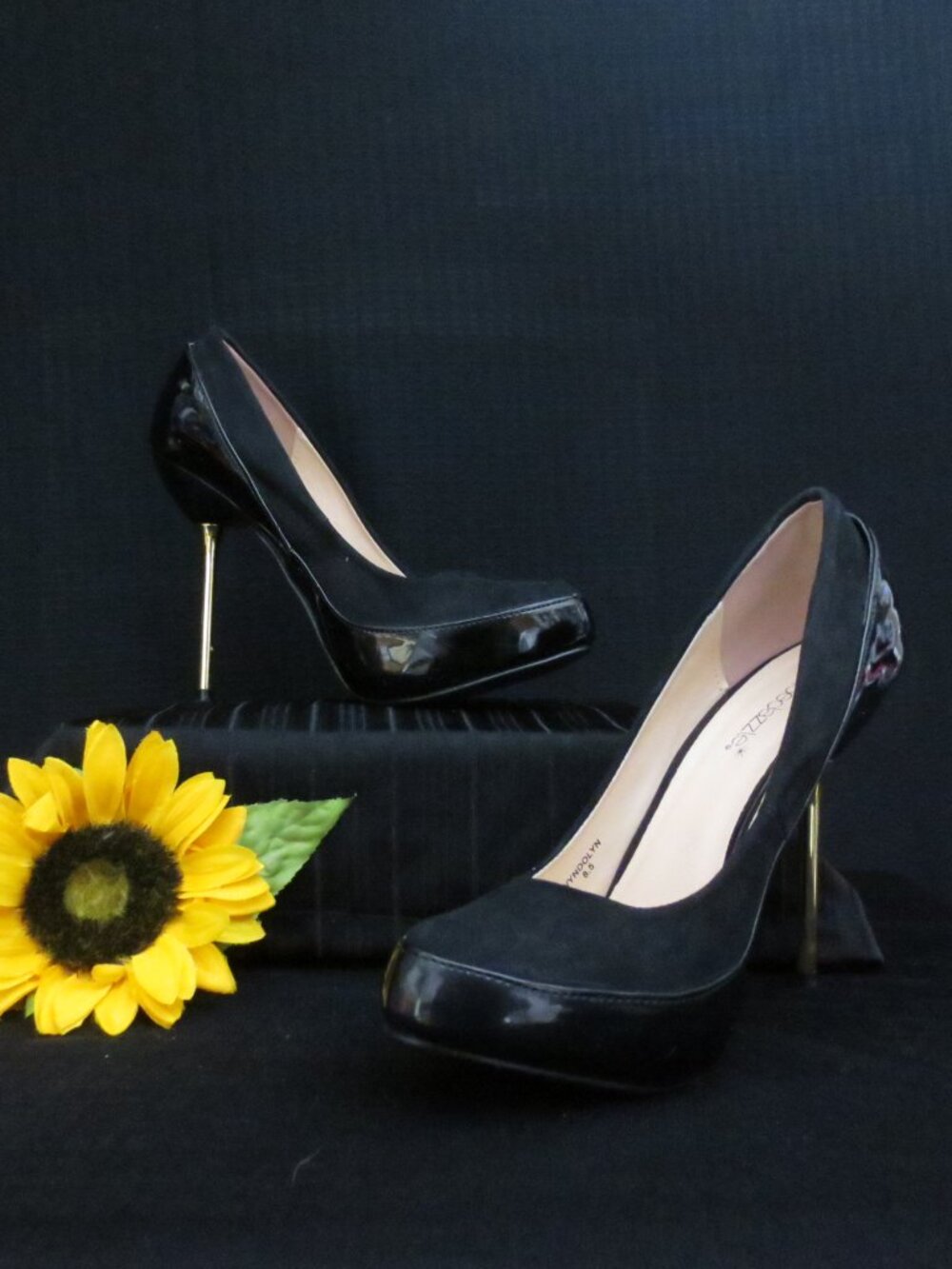 Shoedazzle Gwendolyn Shoes Black Patent Gold Platform Stiletto Pumps Size 8.5